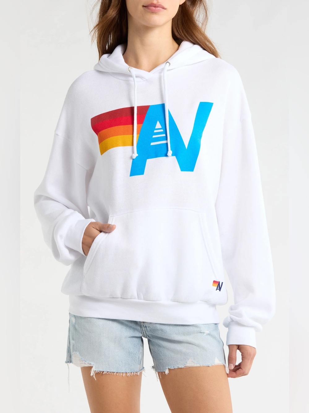 Aviator Nation White Hoodie with Blue Logo and Red-Orange-Yellow Stripe medium